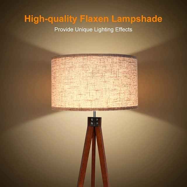 Mid Century Glam Torchiere Floor Lamp with Wooden Bases and Linen Shade
