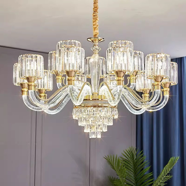 Gold Finish 15 Bulbs Crystal Pendant Light with Adjustable Counterweight for Elegant Home Decor